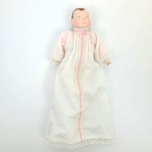 Vintage Bisque Cloth Sleeping Baby Doll 6.5"~Nightgown~Artisan Made Pink White